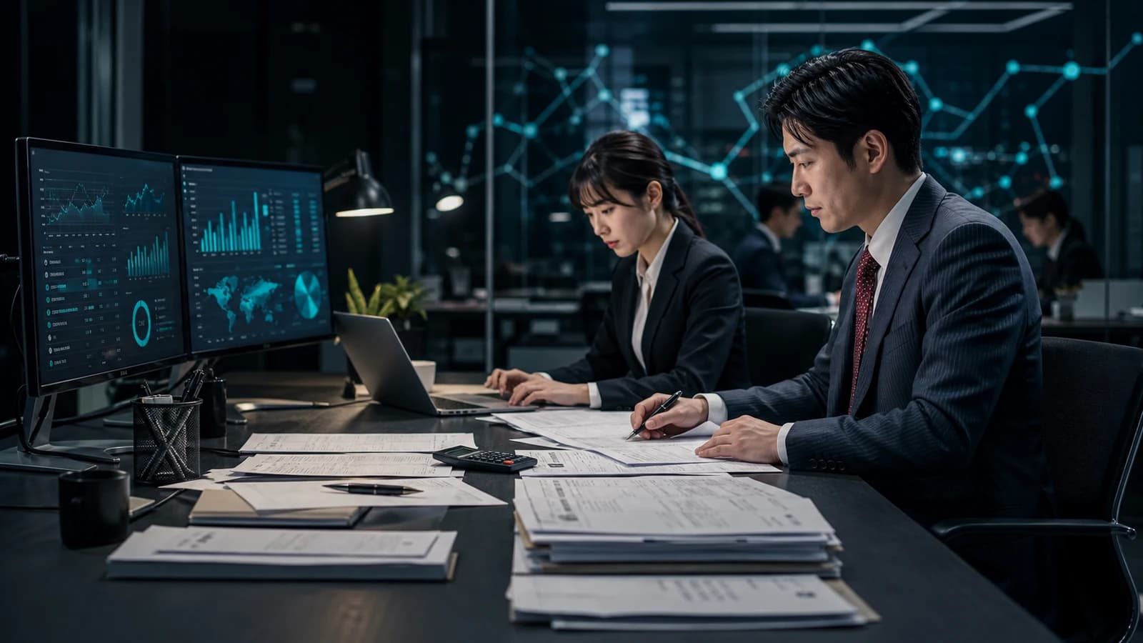 担当者がクラウド会計と月次資料を確認する経理BPOのイメージ